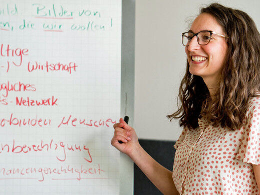 Eine Frau steht vor einem Flipchart mit Notizen.